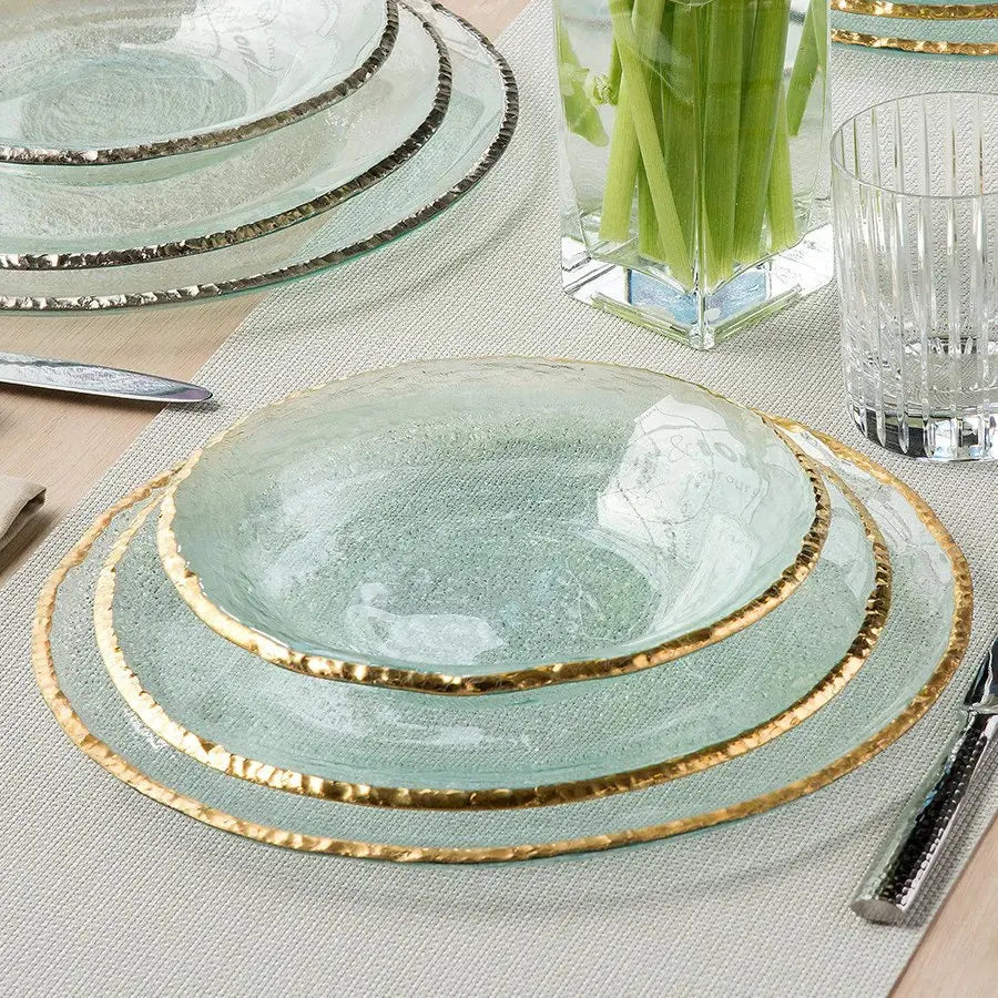 Annieglass Edgey Dinner Plate set on a dining room table