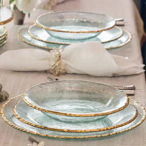 Annieglass Edgey Dinner Plate set on a dining room table