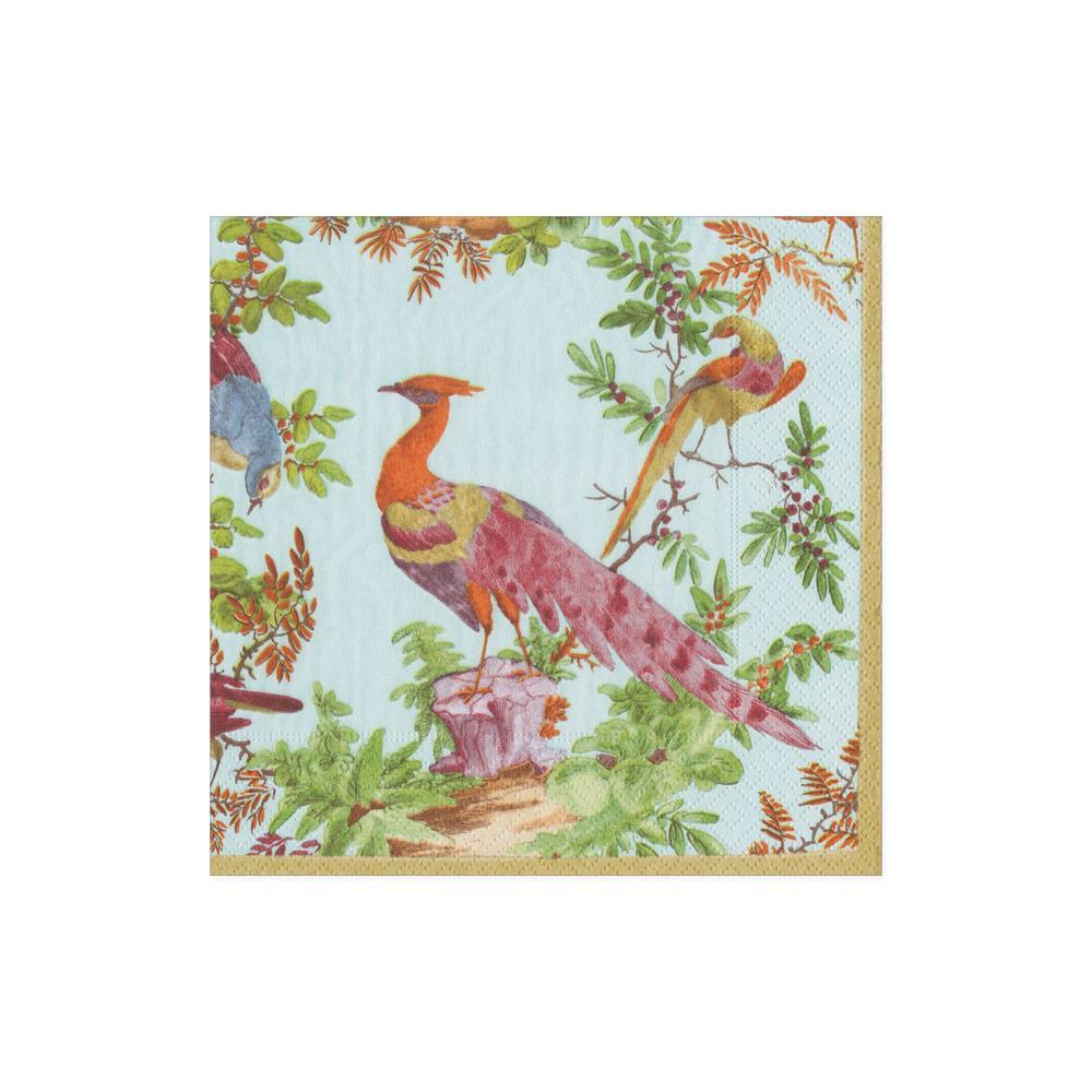 An image of Caspari Chelsea Birds Celadon Cocktail Napkins
