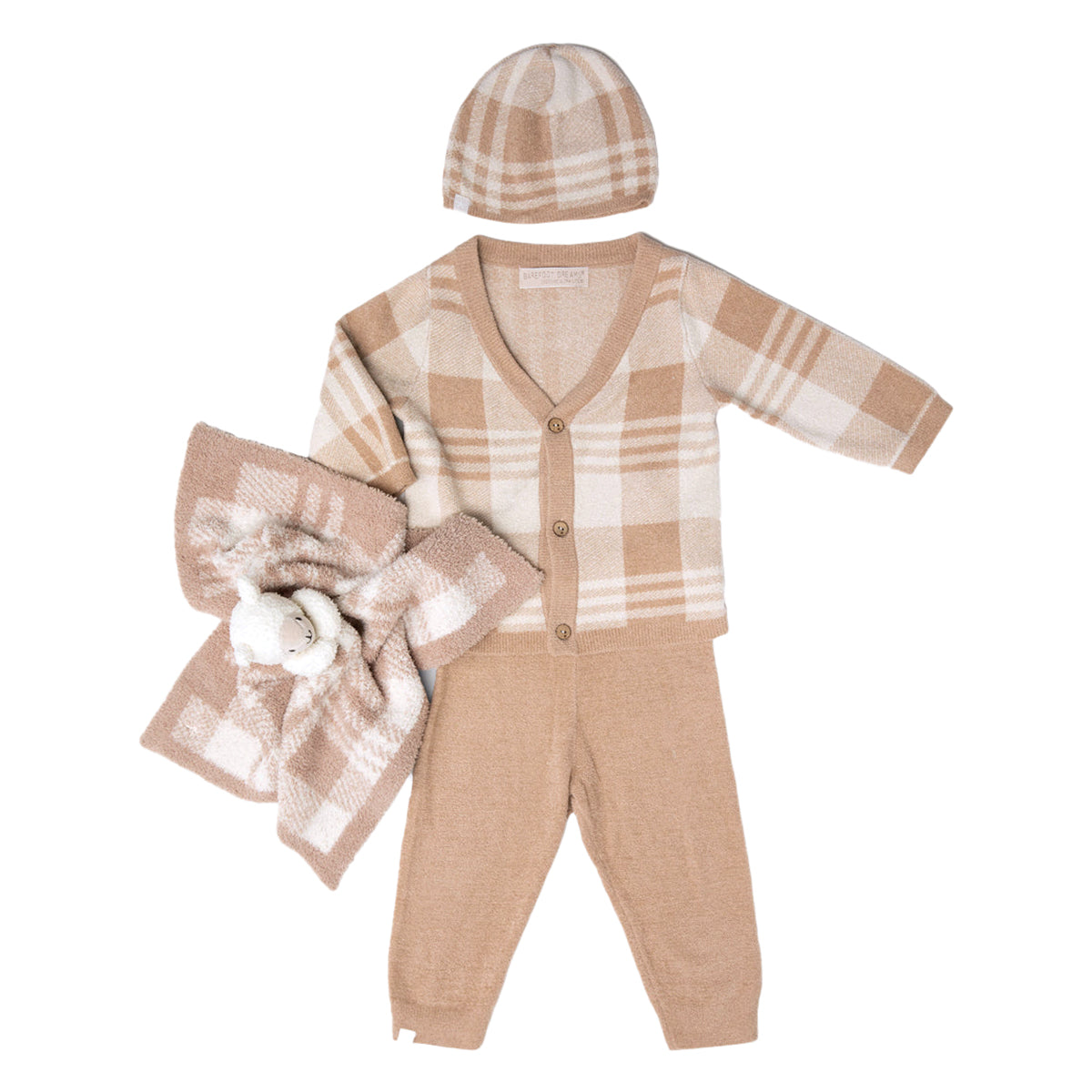 An image of Barefoot Dreams CozyChic Ultra Lite Plaid Baby Bundle Cream, Tan- 12-18 months