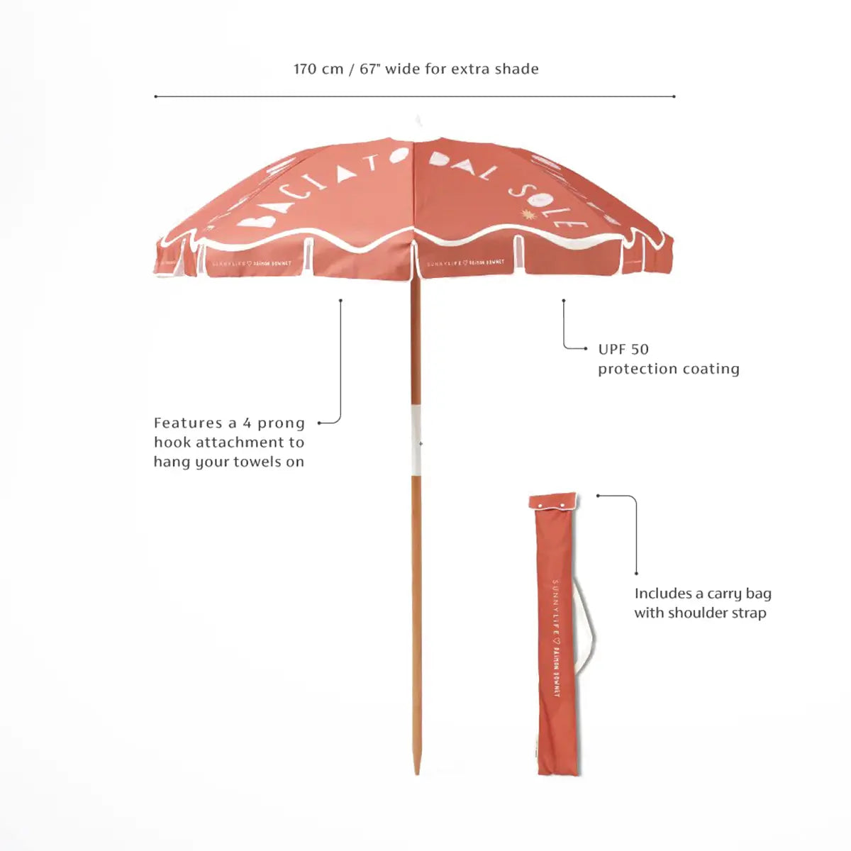 Sunnylife Beach Umbrella Baciato Dal Sole. Features a 4 prong hook attachment to hang your towels on. UPF 50 protection coating. Includes a carry bag with shoulder strap