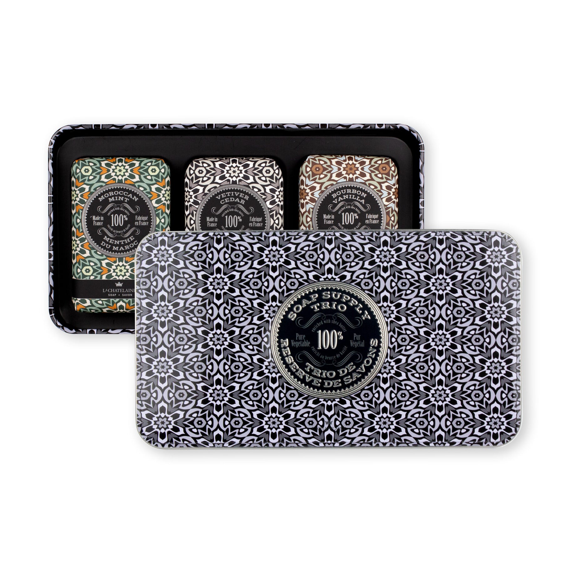 An image of La Chatelaine Mosaic Soap Supply Trio Gift Tin: Moroccan Mint, Vetiver Cedar, Bourbon Vanilla