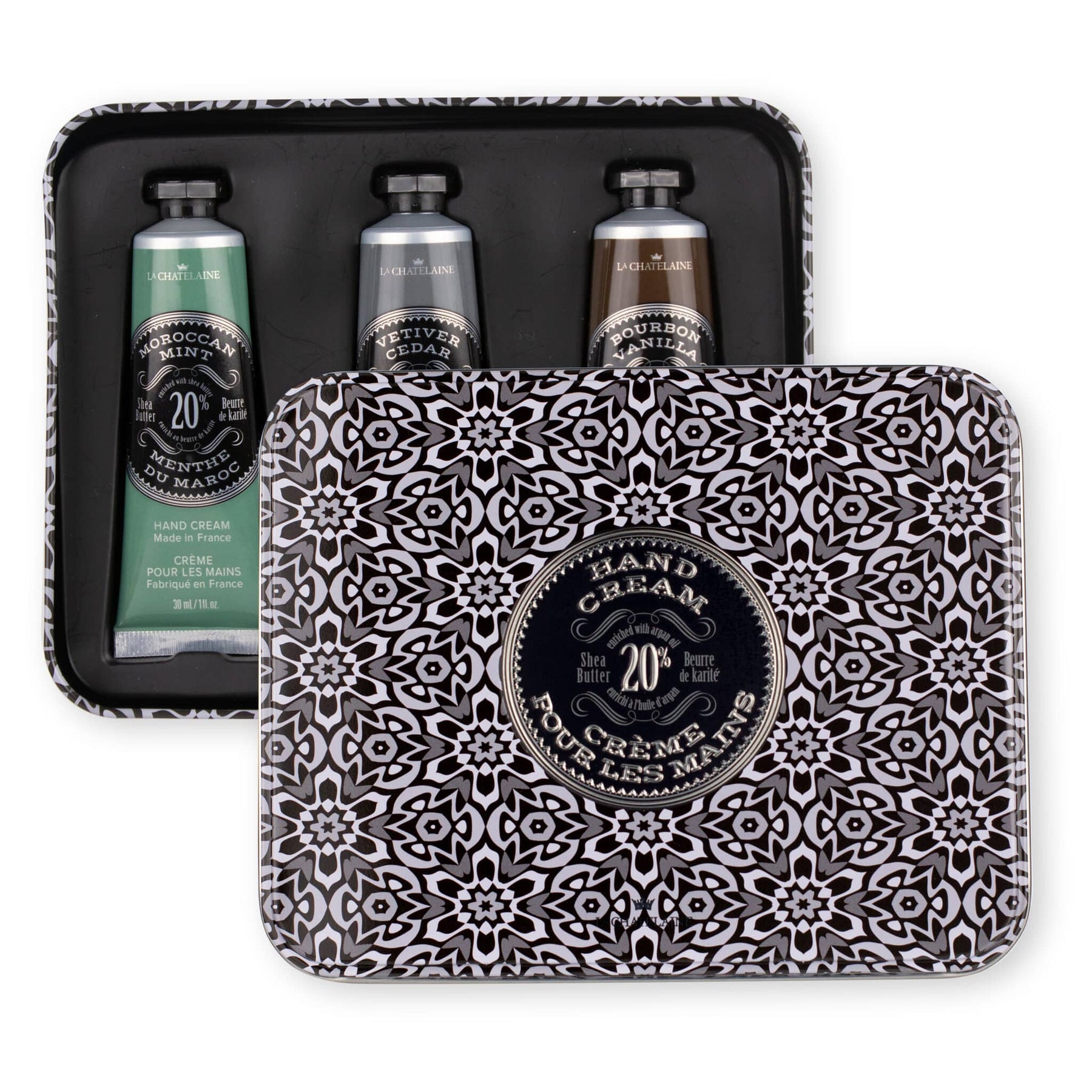 An image of La Chatelaine Mosaic Hand Cream Trio: Moroccan Mint, Vetiver Cedar, Bourbon Vanilla
