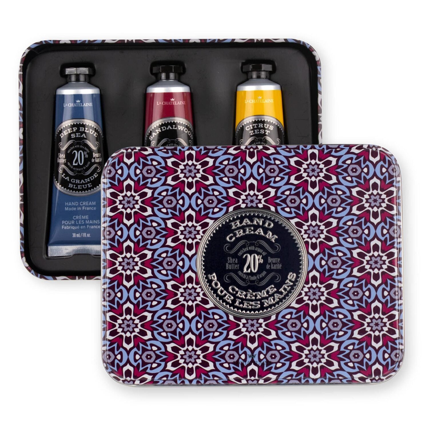 An image of La Chatelaine Mosaic Hand Cream Trio: Deep Blue Sea, Sandalwood, Citrus Zest