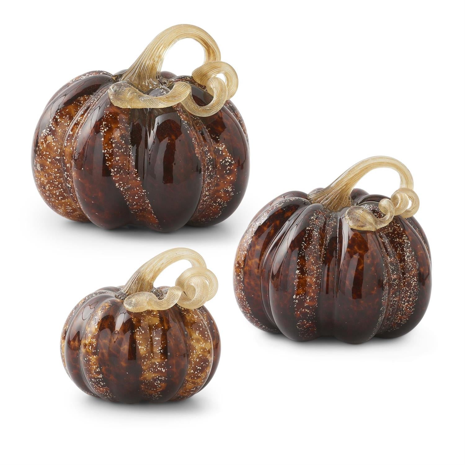 An image of K & K Brown Speckled Handblown Glass Pumpkins - Set of 3