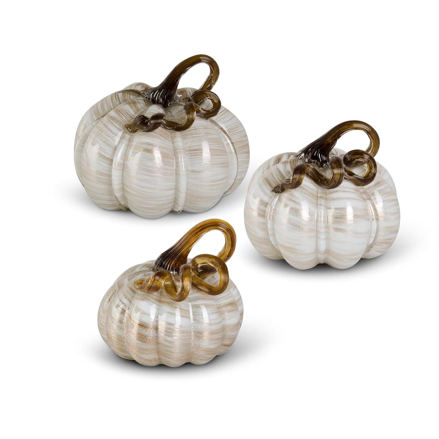 An image of K&K Cream & Gold Swirl Handblown Glass Pumpkins - Set of 3