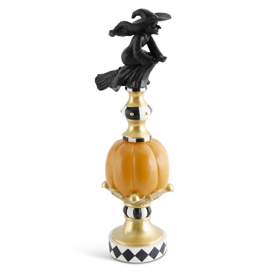 K & K Black White Orange & Gold Finial with Witch Top