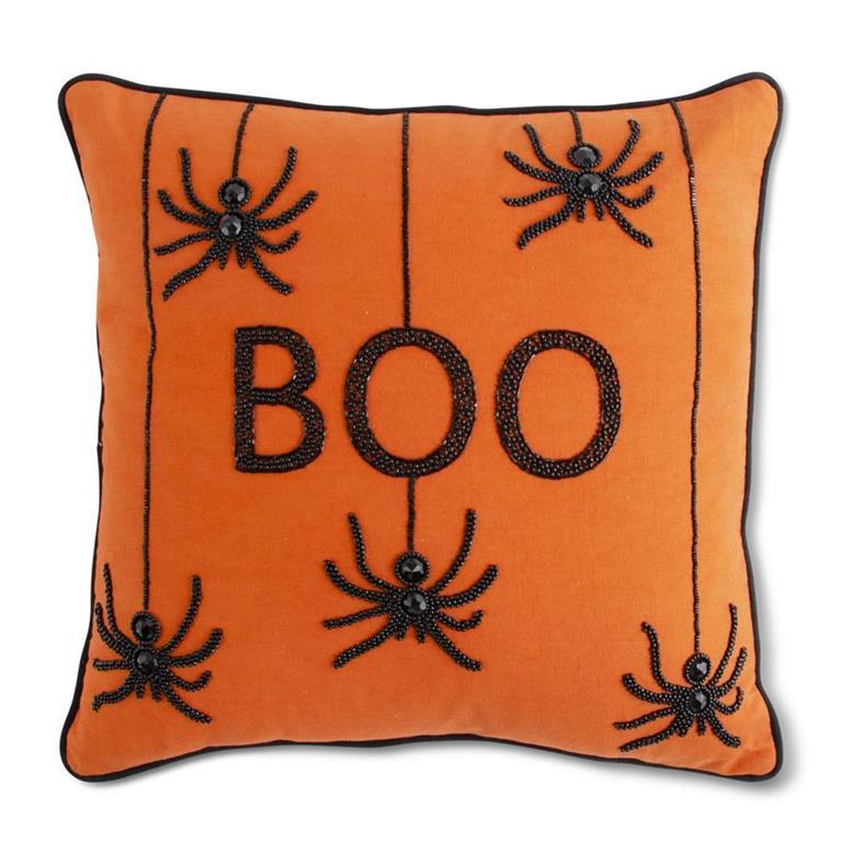 An image of K&K 18" Orange Square Beaded BOO Pillow with Spiders