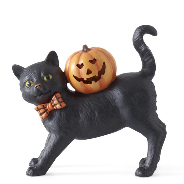 K&K Interiors 6.75" Black Cat w LED Jack-o-lantern