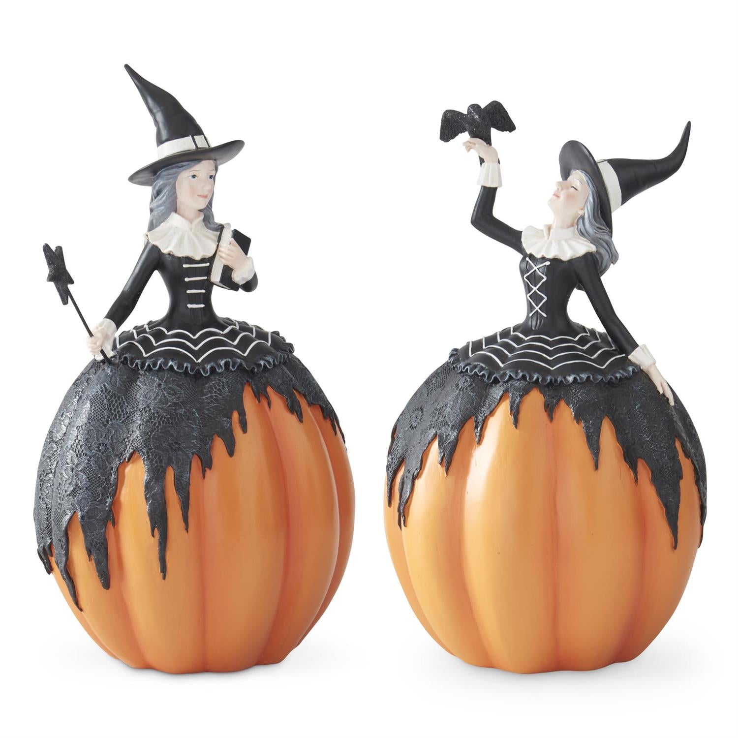 An image of K&K Interiors Pumpkin Witches w Crows - Set of 2