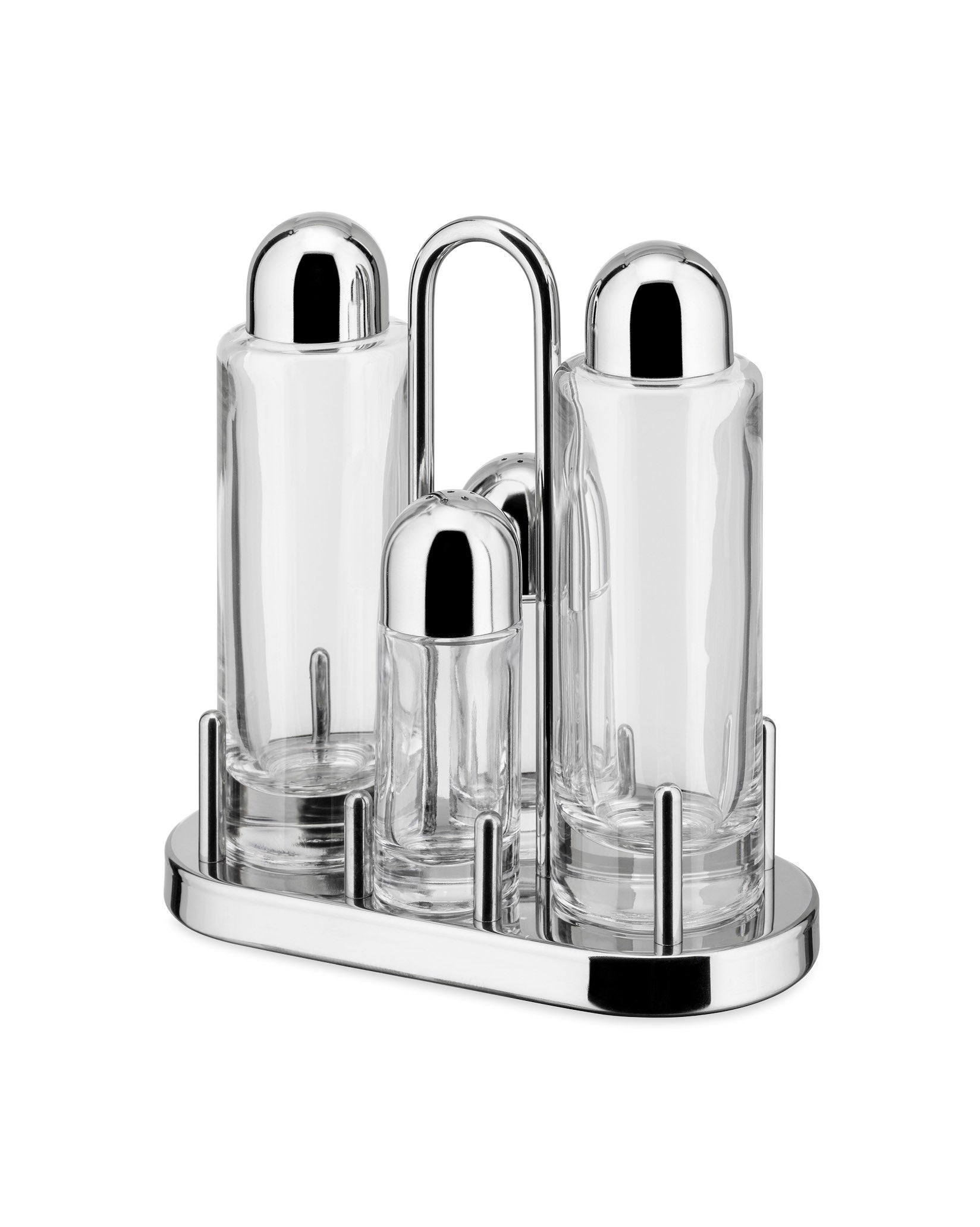 An image of Alessi Ettore Sottsass Stainless Steel and Glass Condiment Set