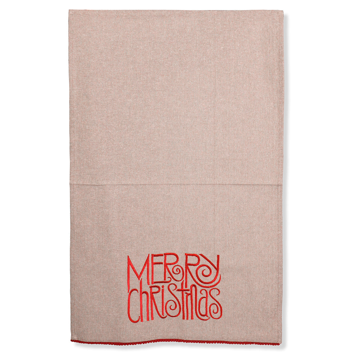 An image of K & K Interiors  Gray Cotton Towel w Red Embroidered - Merry Christmas