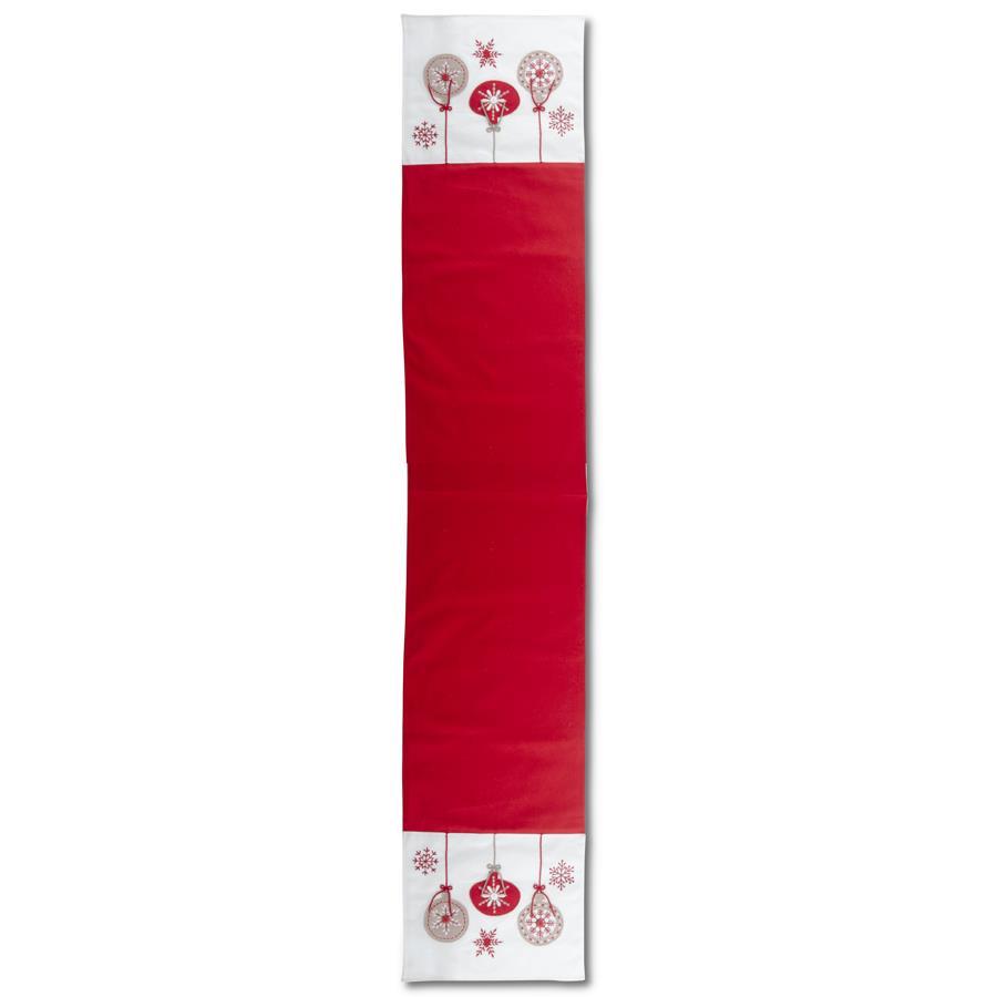 An image of K & K White & Red Cotton Runner With Felt Ornaments & Snowflakes