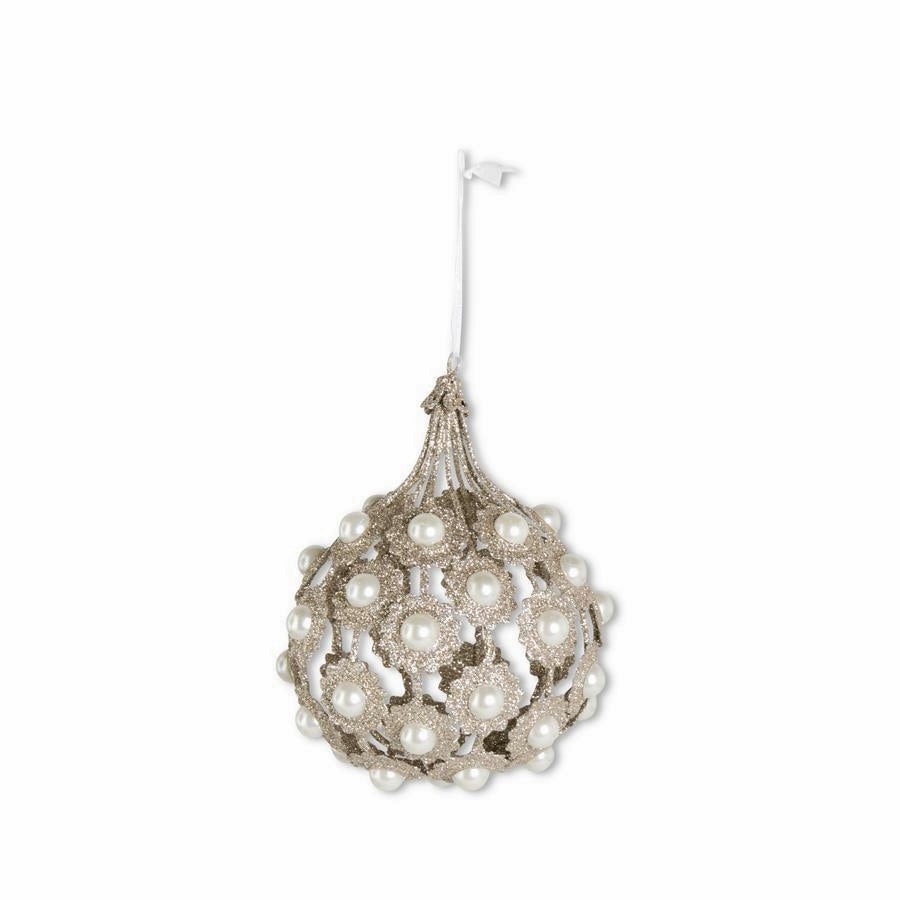 An image of K & K Champagne Filgree Teardrop Wire Ornament with Pearls