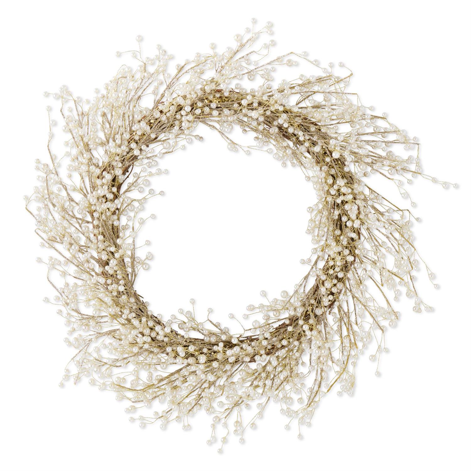 K&K 30" White Pearl & Gold Glitter Wreath