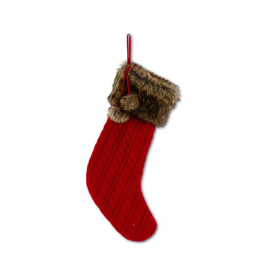 K & K Red Cable Knit with Brown Fur Trim Stocking