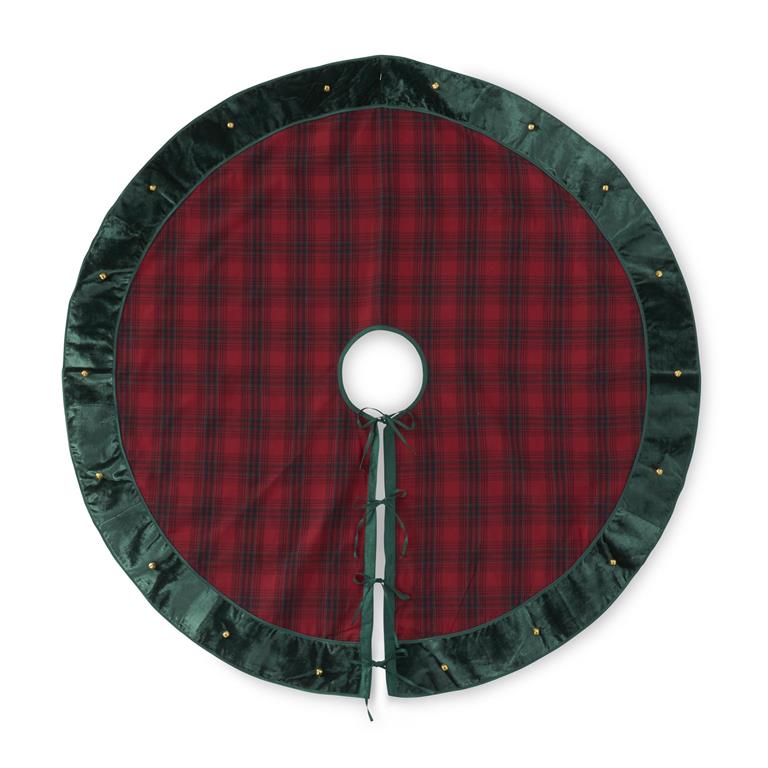 An image of K & K Green & Red Tartan Plaid with Velvet Trim & Gold Beads Tree Skirt