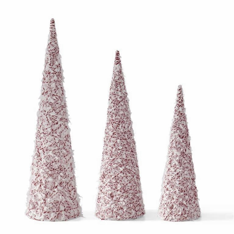 An image of K & K Glittered White & Red Twine Cone Trees - Set of 3