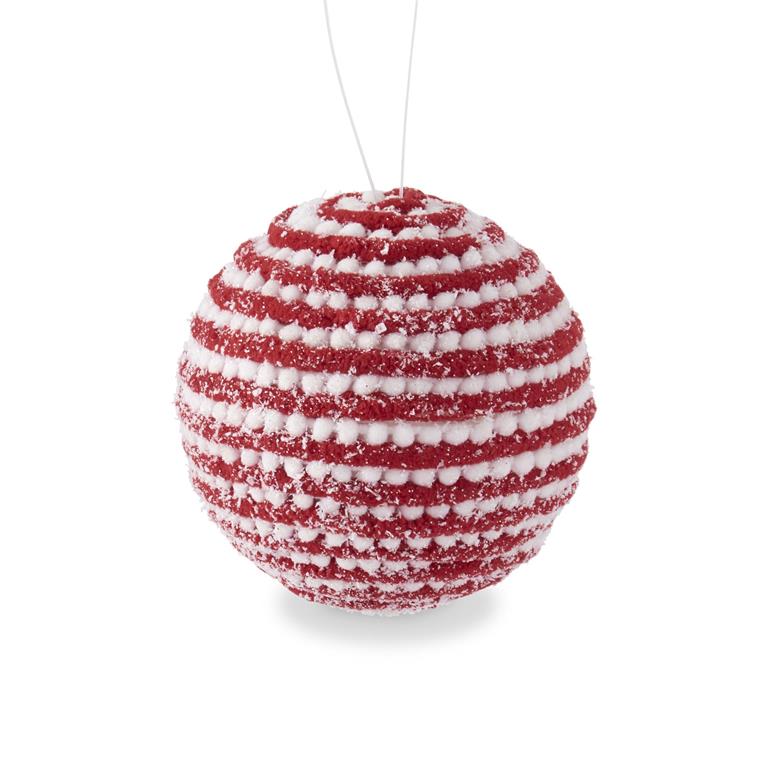 An image of K & K Glittered Snowy Red & White Yarn Striped Ball Ornament