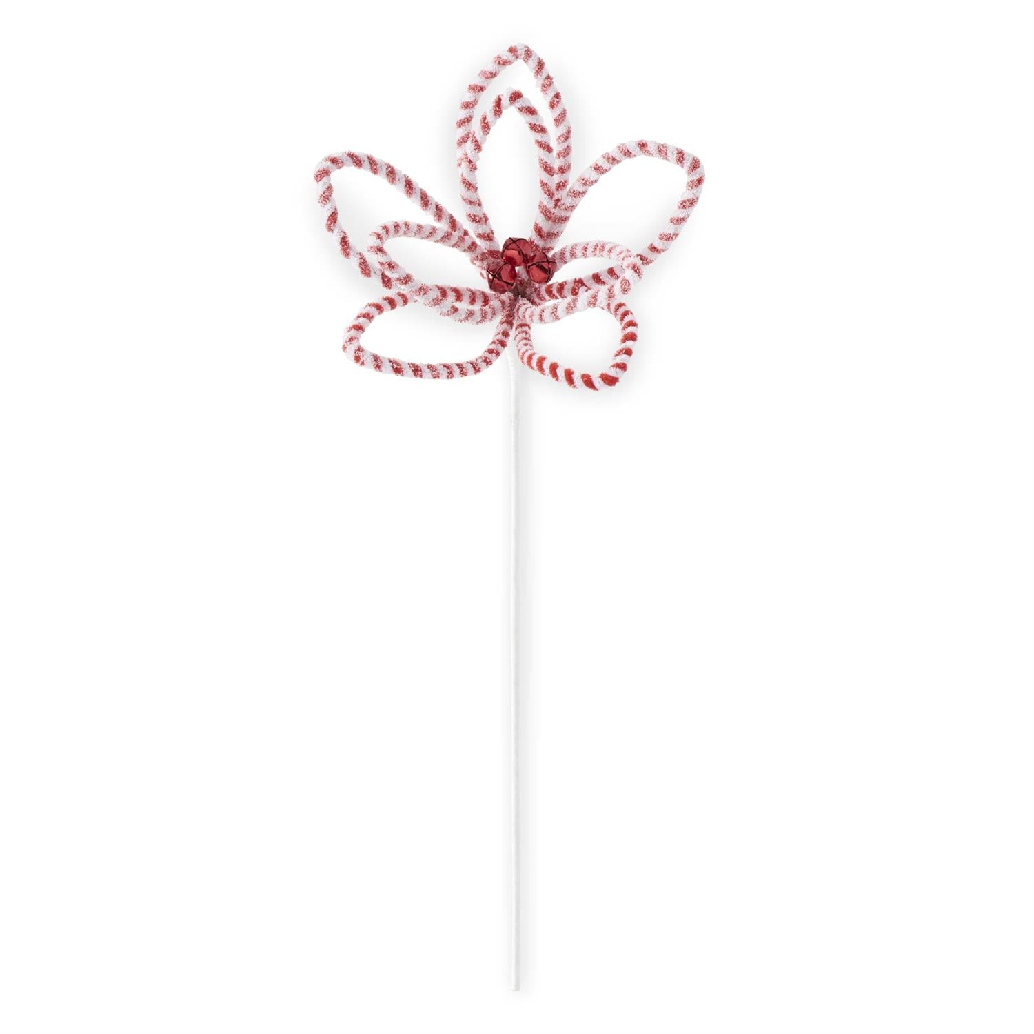 An image of K & K Glittered Snowy Red & White Striped Poinsettia Stem with Bell