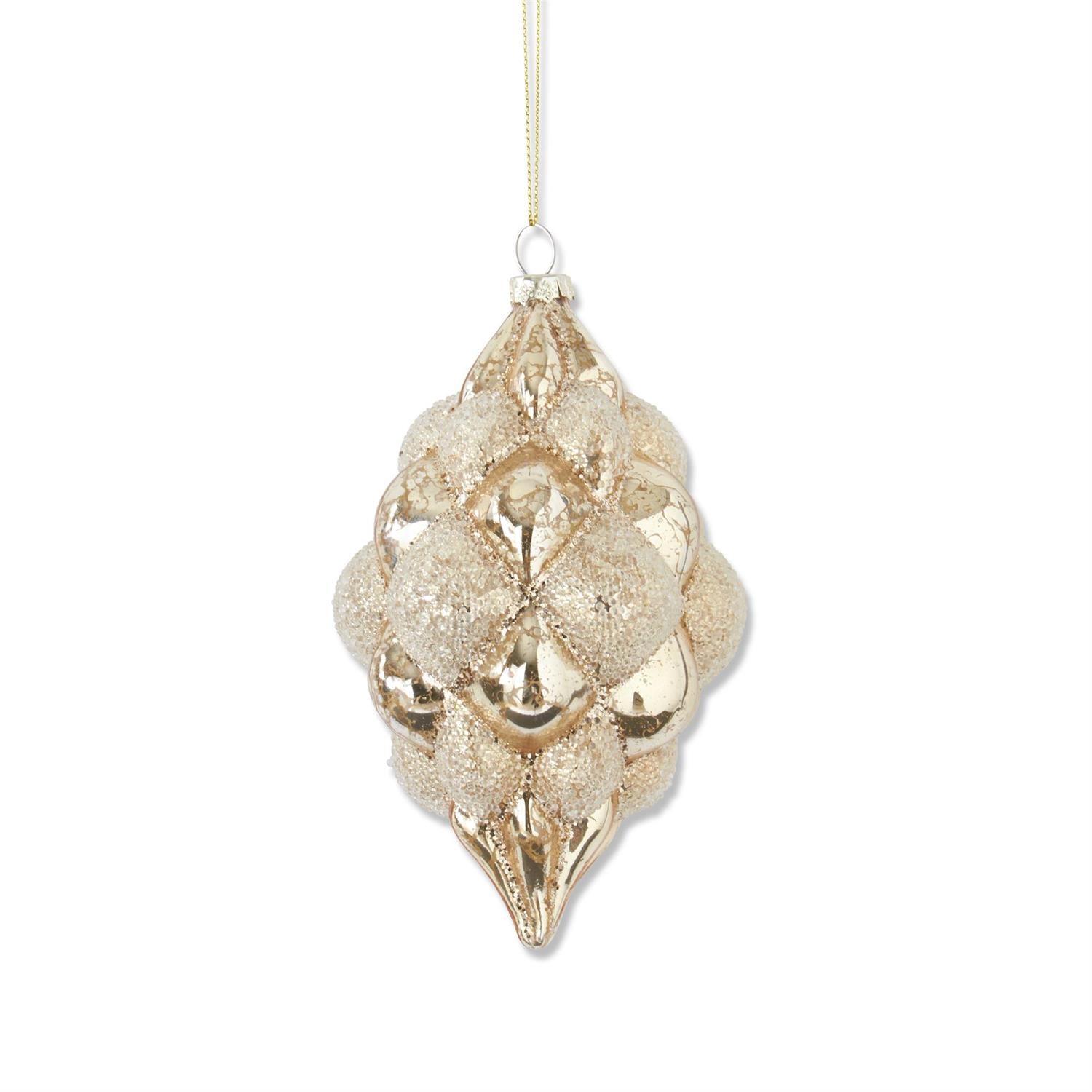 An image of K&K 6" Beaded Gold Mercury Glass Teardrop Ornament