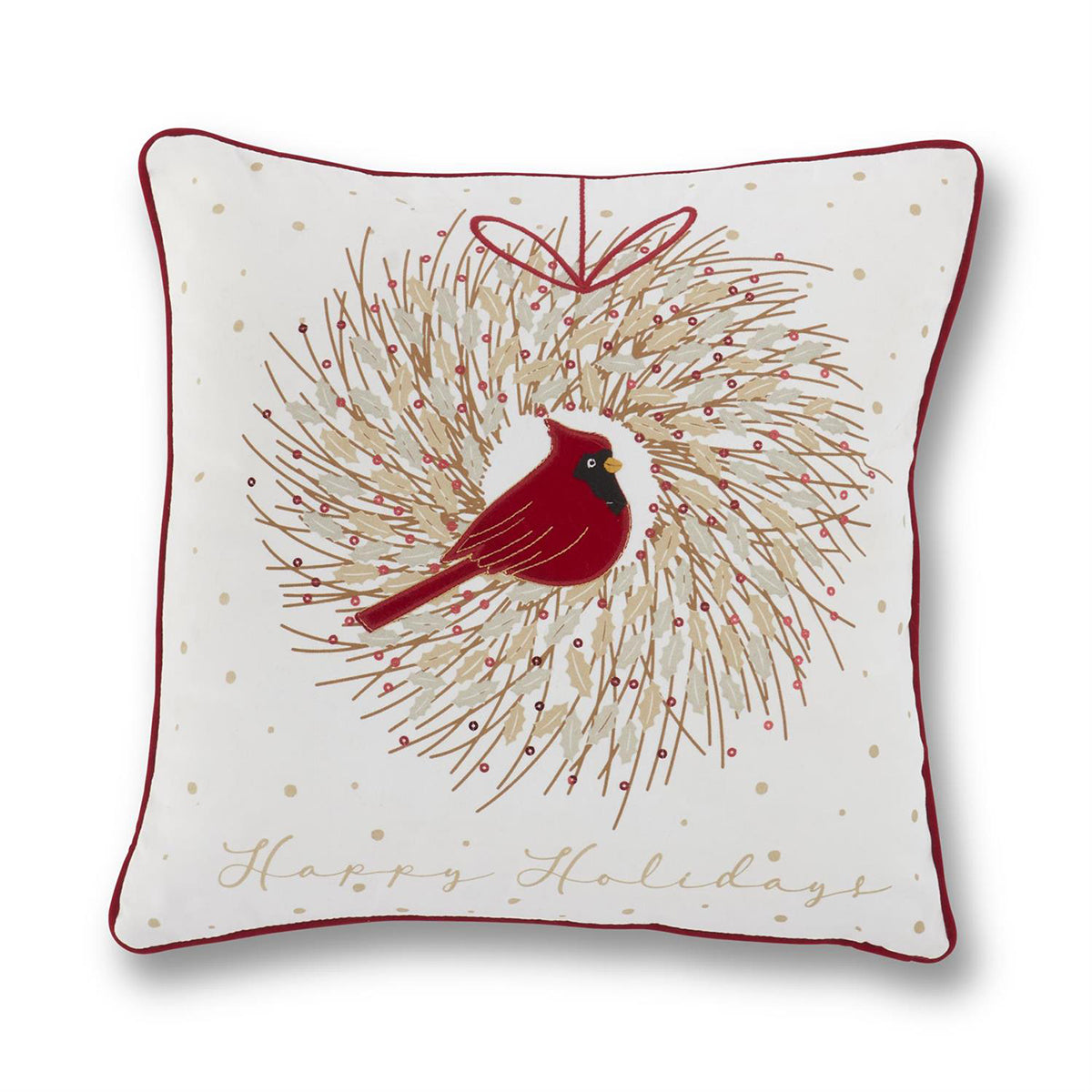 K&K 18" Square Pillow Cardinal Wreath w Sequins
