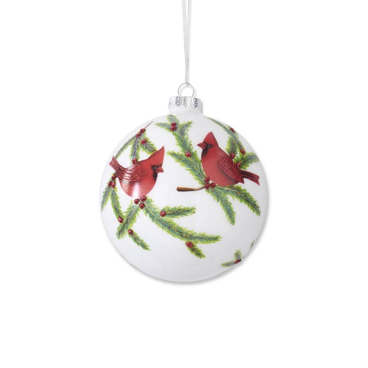 K & K Interiors 5.25 Inch Glittered White Round Glass Ornament with Cardinals