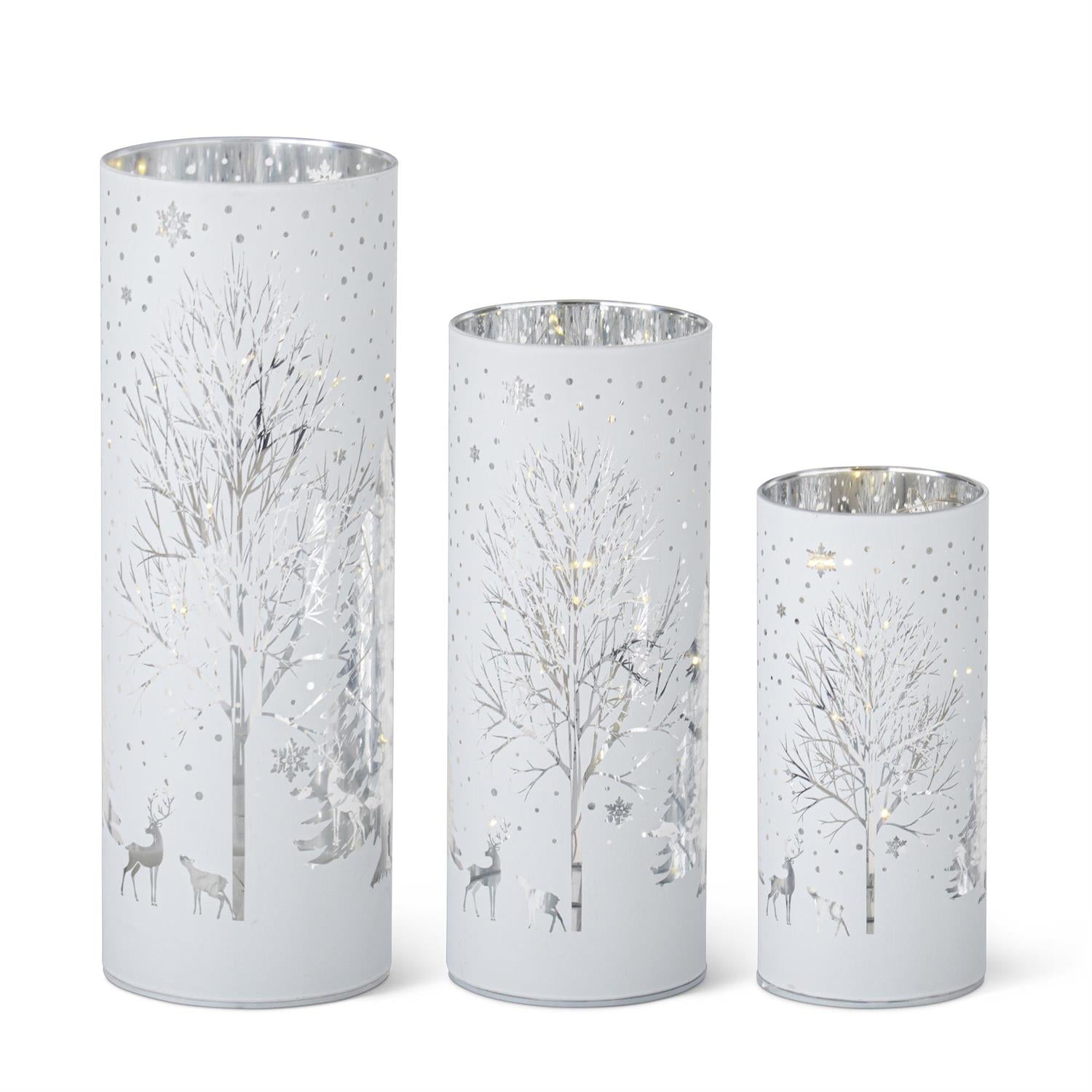 An image of K & K Laser Engraved Winter Scene LED Cylinders - Set of 3