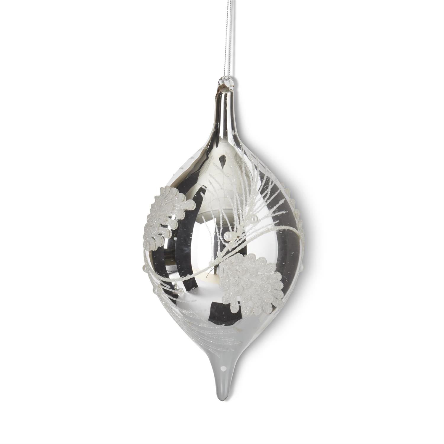 K & K Silver Glass Holly Finial Ornaments with White Beads