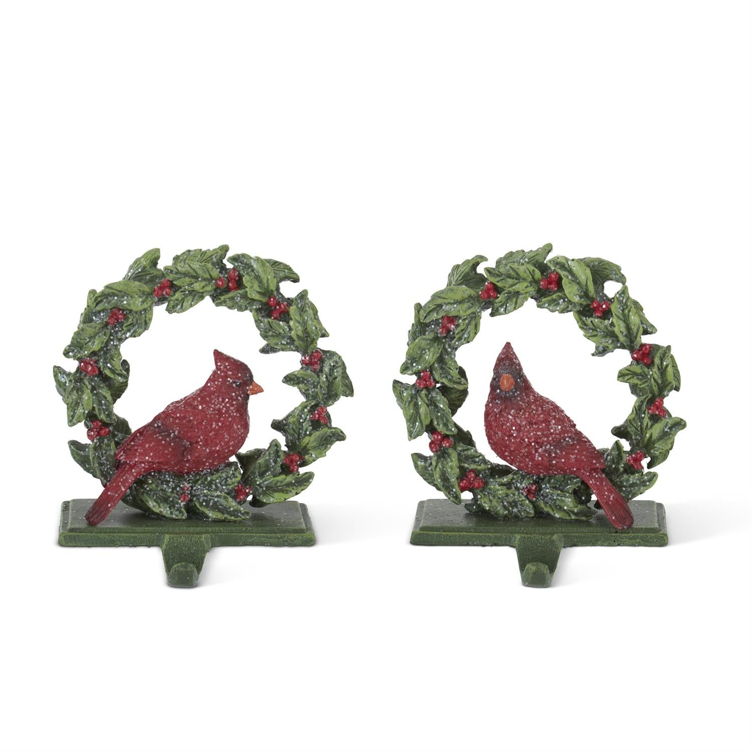 An image of K & K Resin Cardinal & Wreath Stocking Holders - Set of 2