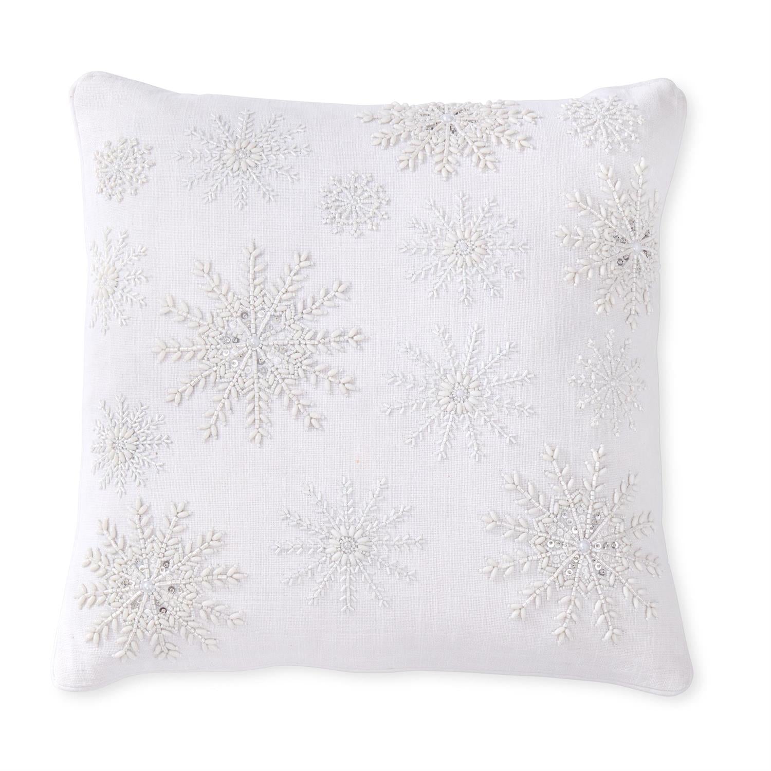 An image of K&K 18" Square Pillow White Linen Beaded Snowflake