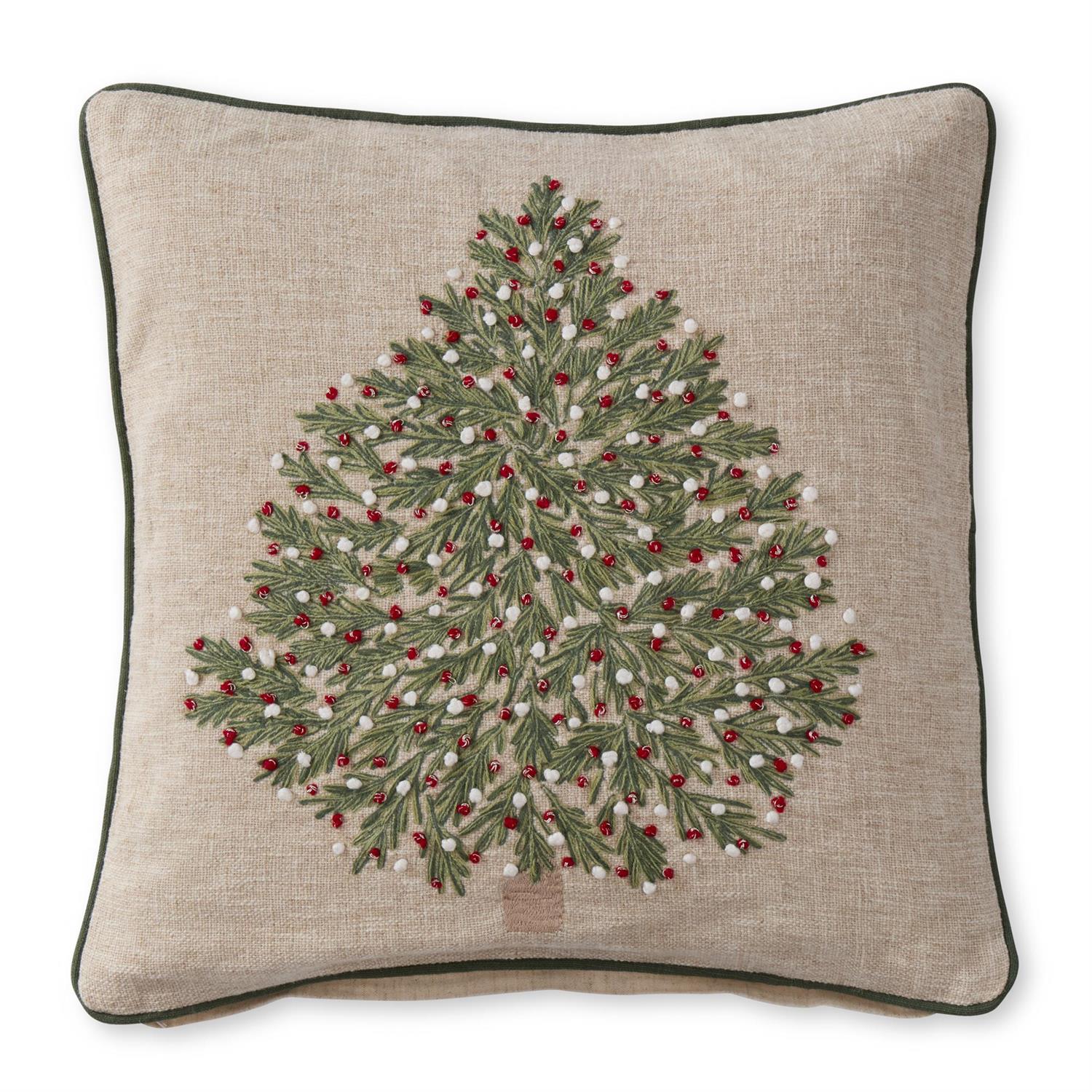 An image of K&K 20" Square Pillow Tan Christmas Tree Pillow w Red and White Ornaments