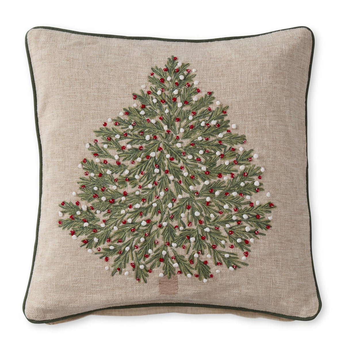 K&K 20" Square Pillow Tan Christmas Tree Pillow w Red and White Ornaments