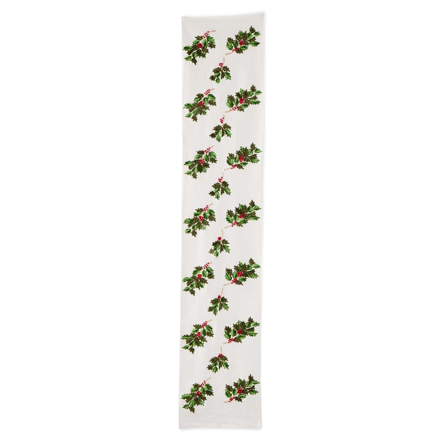 An image of K&K 72" Cream Table Runner w Holly Leaves and Berries