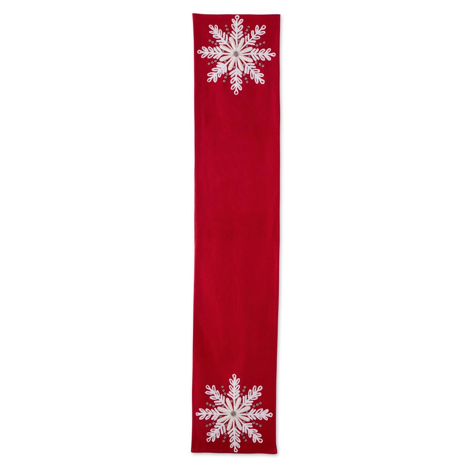 An image of K&K 72" Red Wool Table Runner w White Beaded Snowflakes