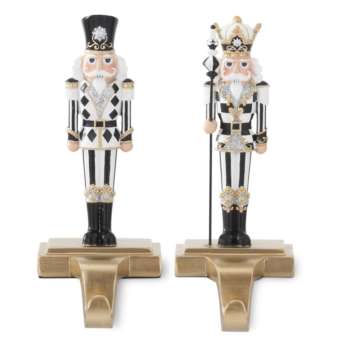 K&K Interiors Black& White Harlequin Check Nutcracker Stocking Holders - Set of 2