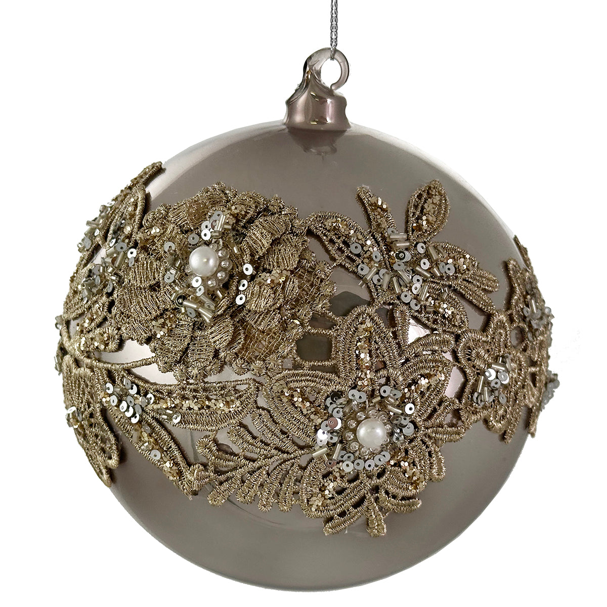 Shishi Silver Ball with Crocheted Flowers & Pearl Ornament