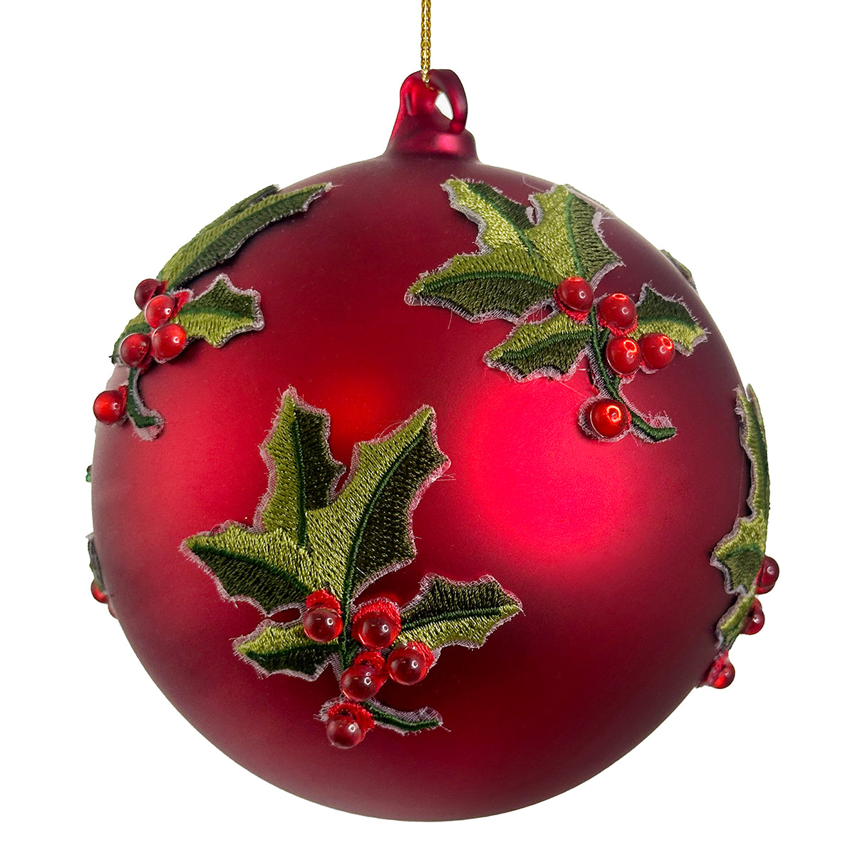 An image of Shishi Glass Red with Green Holly Ball Ornament