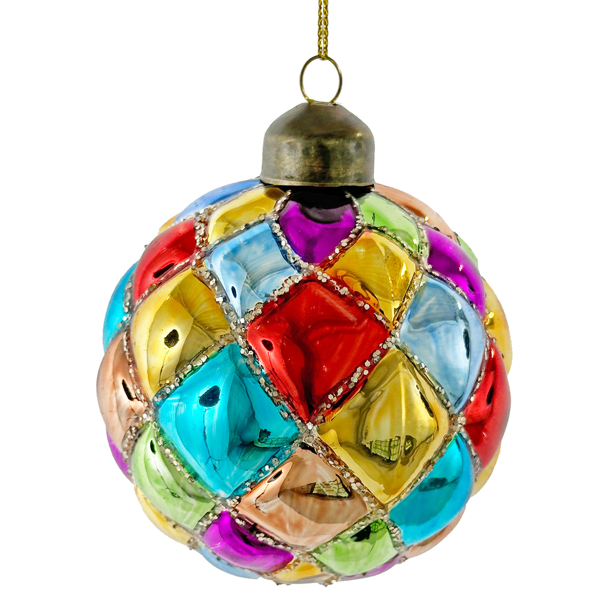 Shishi Glass Ball Ornament multicolored squares with champagne sequins