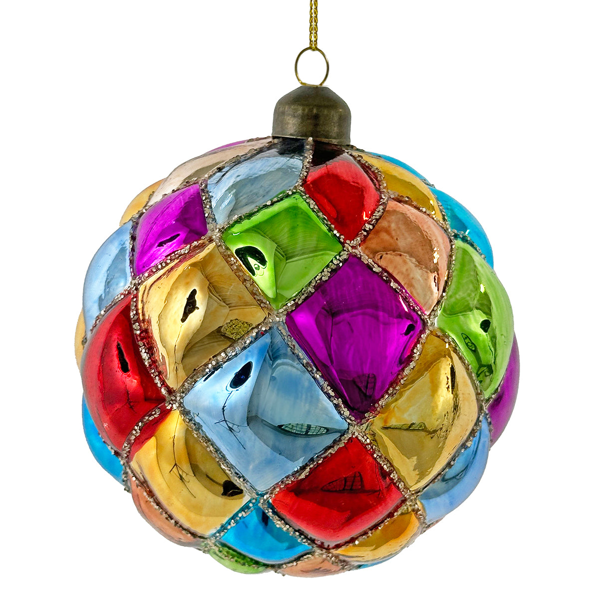 An image of Shishi Glass Ball Ornament multicolored squares with champagne sequins