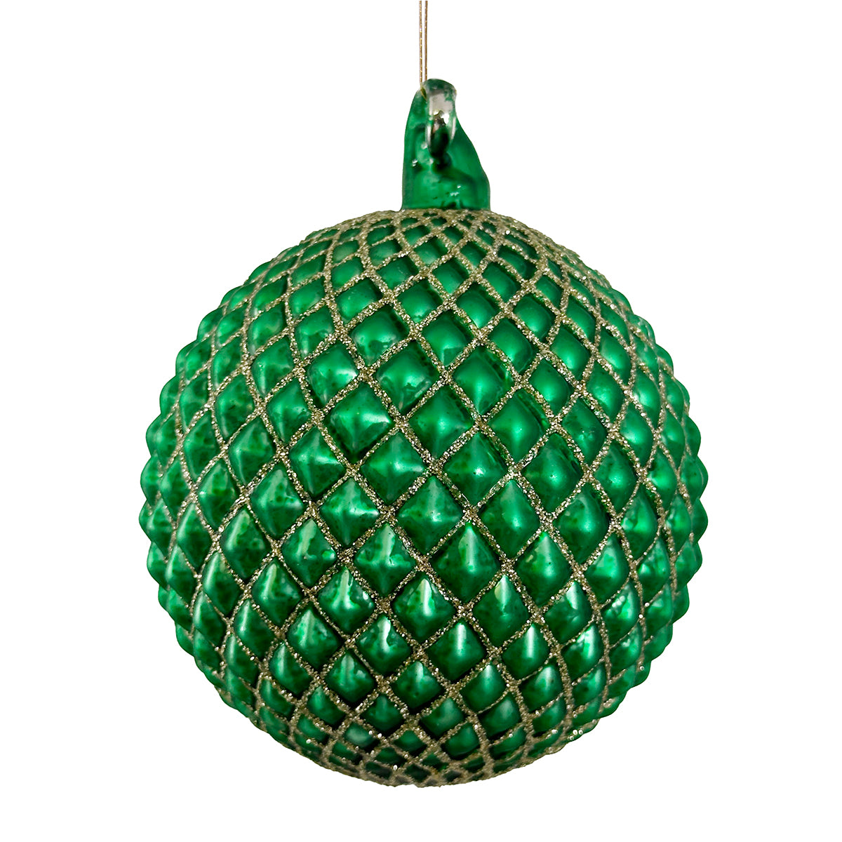An image of Shishi Glass Cone Ball Ornament antique matte green with champagne glitter