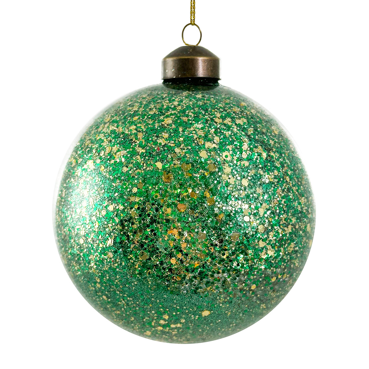 An image of Shishi Glass Ball Ornament Full green glitter sequins inside