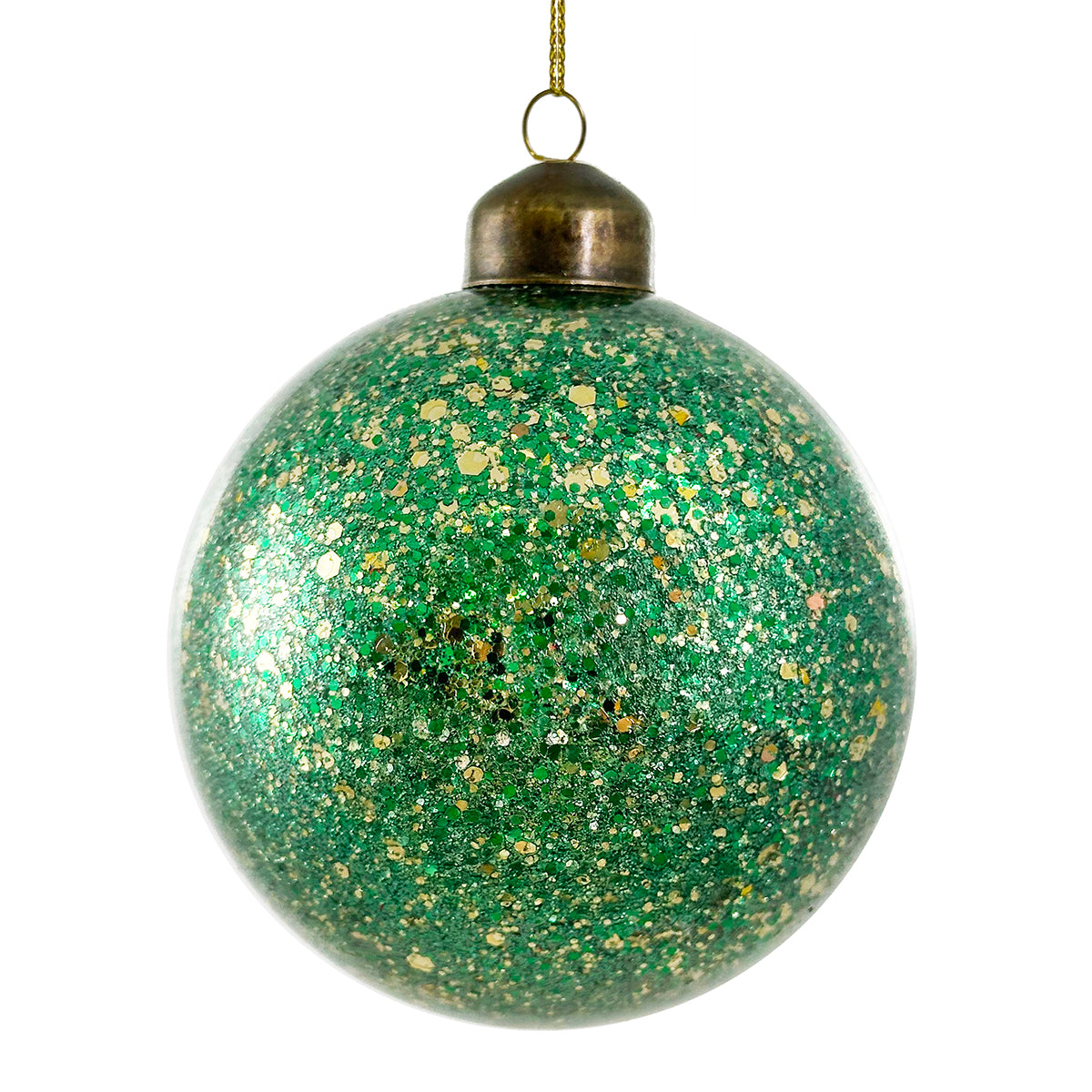 An image of Shishi Glass Ball Ornament Full green glitter sequins inside