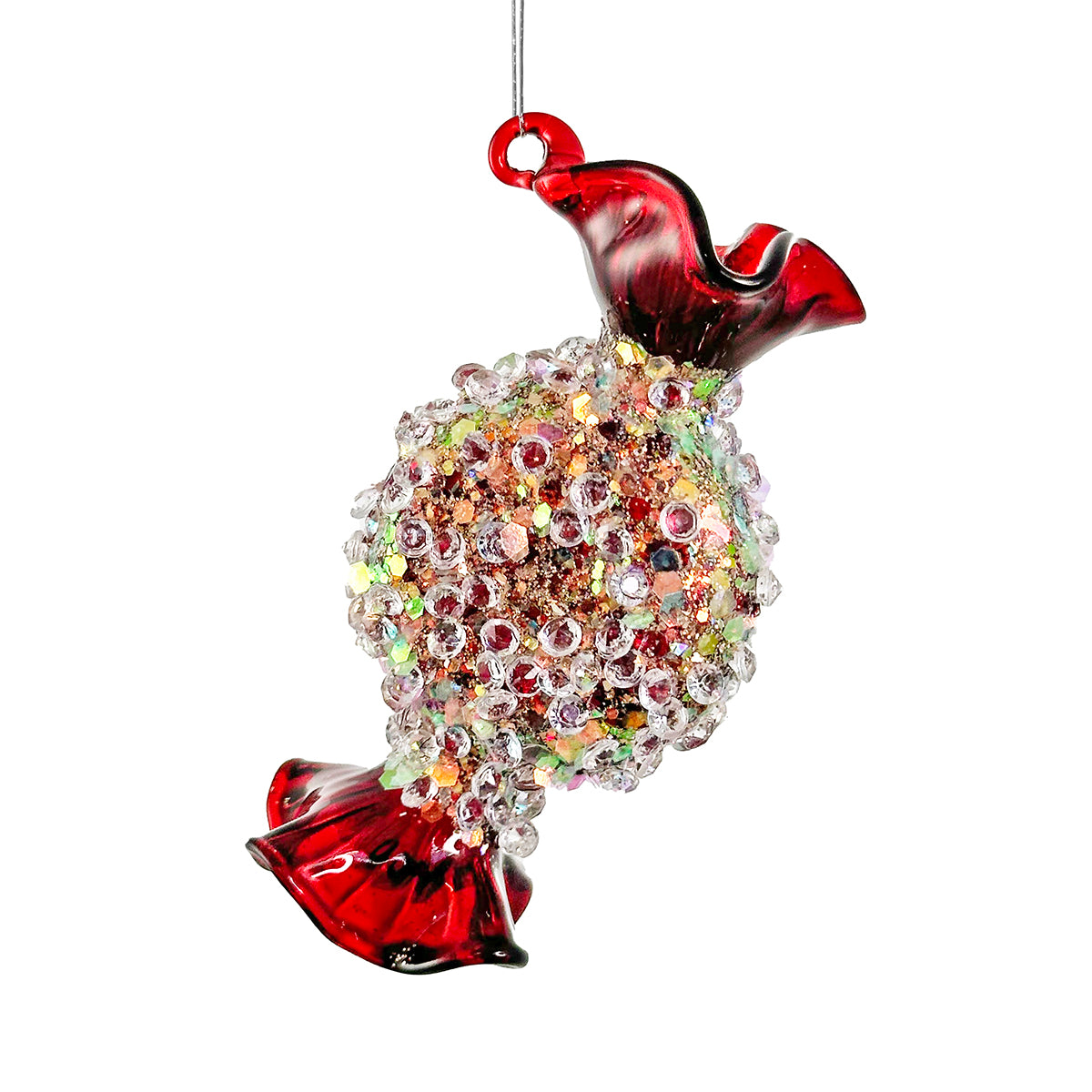 An image of Shishi Round Glass Candy lined shiny red with diamonds - 3.5"D