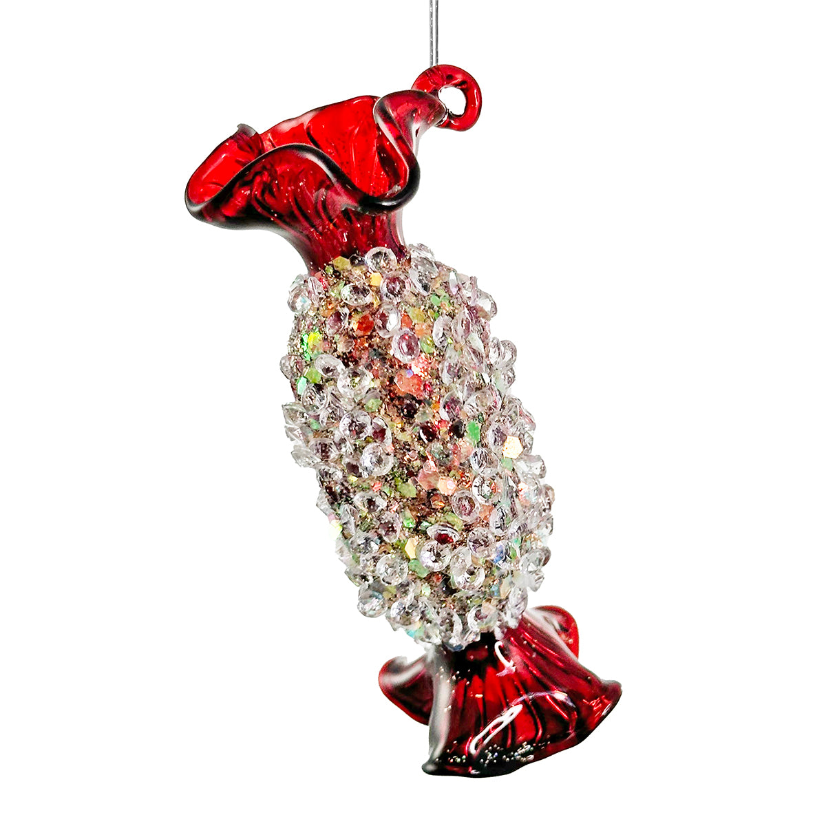 An image of Shishi Oval Glass Candy lined shiny red with diamonds - 3.5"D