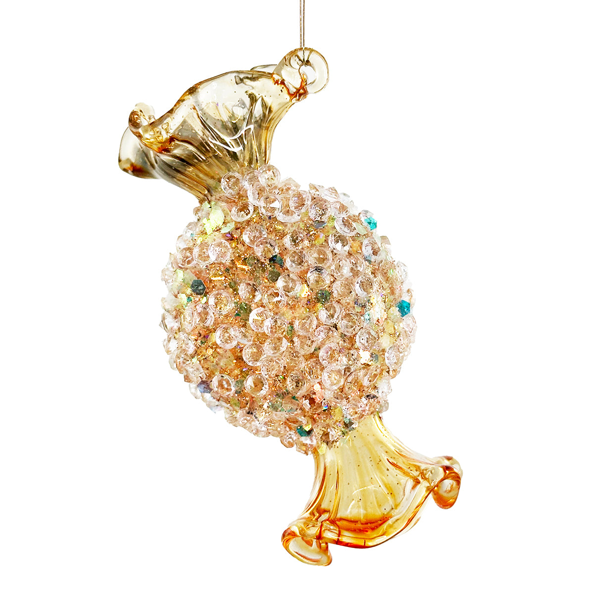 Shishi Round Glass Candy lined shiny gold w beads - 3.5"D