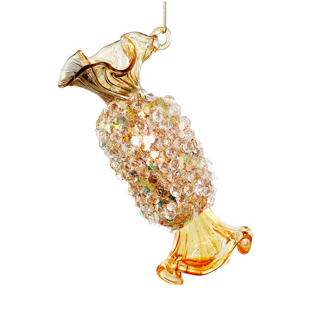 An image of Shishi Oval Glass Candy lined shiny gold w beads - 3.5"D