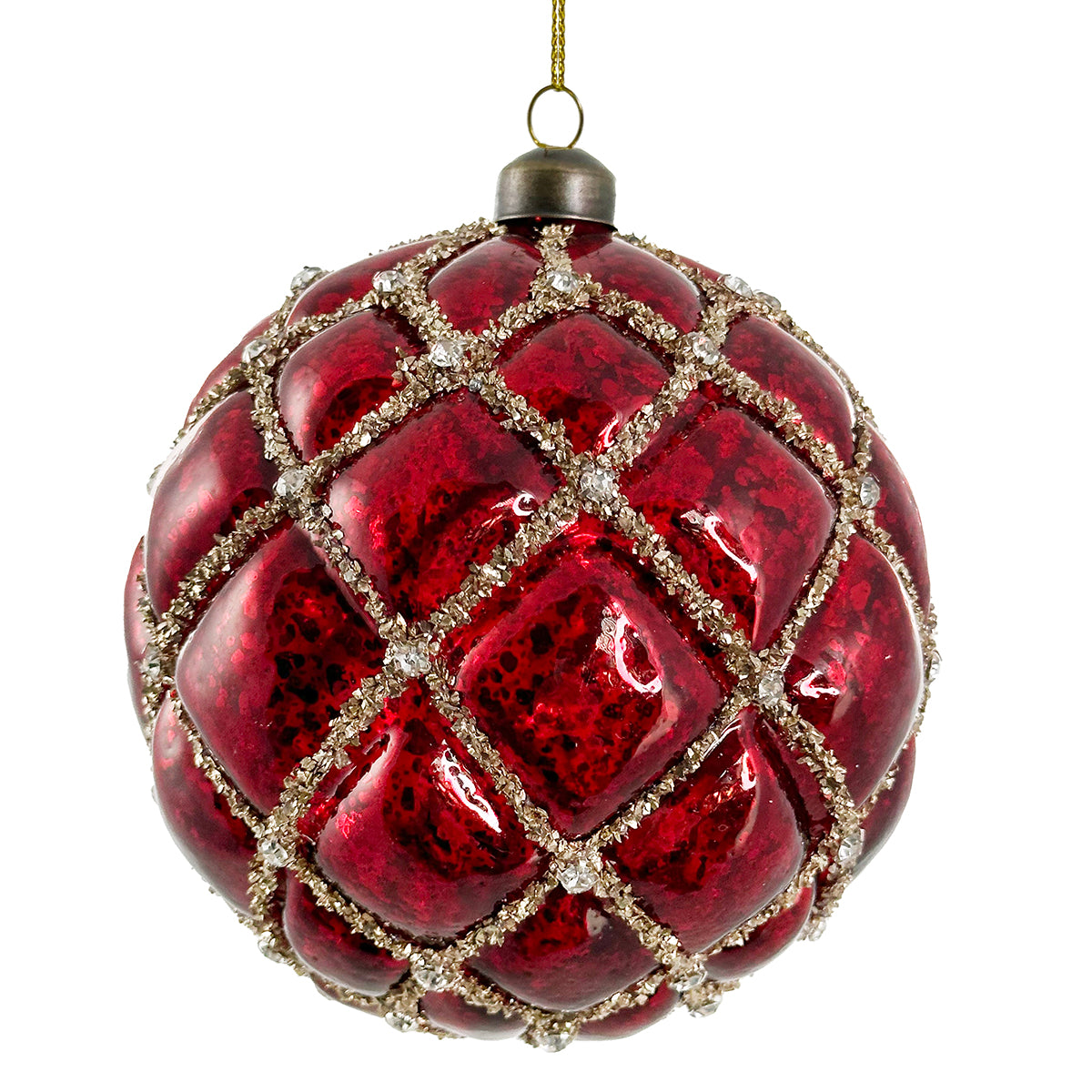 An image of Shishi Velvet Ball Ornament w antique red with gold glass glitter and jewel