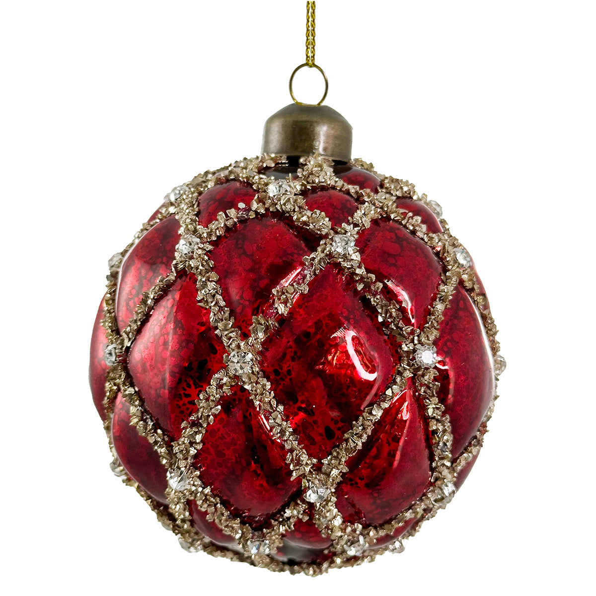 Shishi Velvet Ball Ornament w antique red with gold glass glitter and jewel