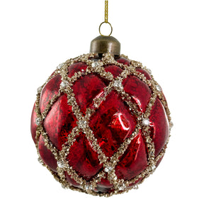 Shishi Velvet Ball Ornament w antique red with gold glass glitter and jewel